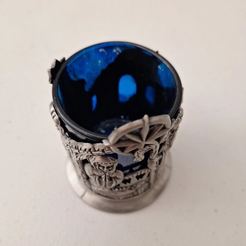 VTG Nativity Scene Pewter Blue Glass Notive Candle Holder MADE TAIWAN 3.5